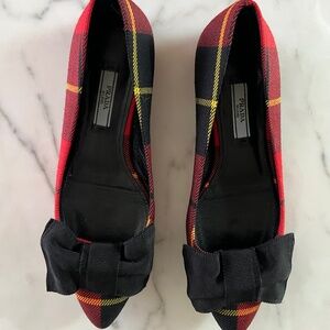 Plaid Prada Flats with Black Bow, Pristine Condition Size 37/7/6.5